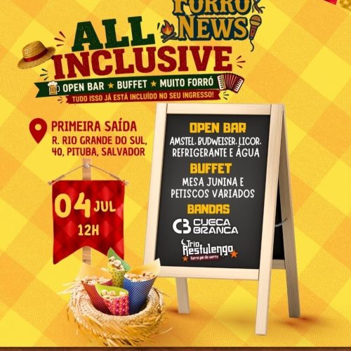 🤠🎉 O Forró News 2026 é ALL INCLUSIVE! Neste sábado (4), a partir das 12h, a comunicação baiana se encontra no Bar e Restaurante Primeira Saída para uma tarde de muito forró, open bar com cerveja, l