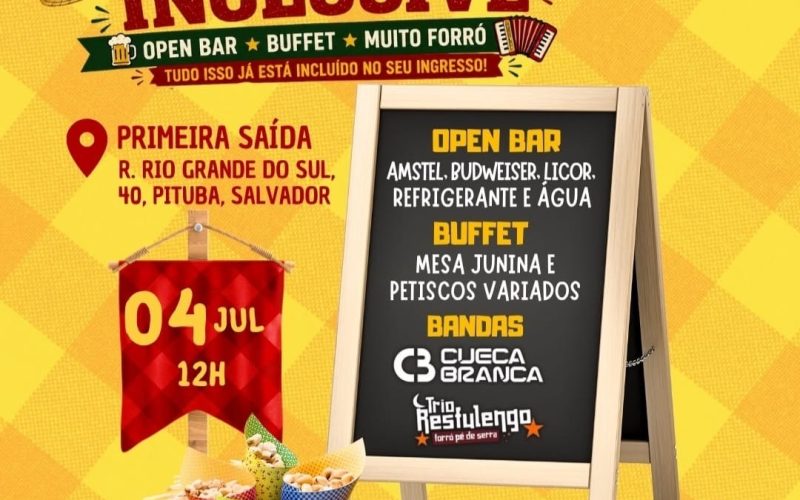 🤠🎉 O Forró News 2026 é ALL INCLUSIVE! Neste sábado (4), a partir das 12h, a comunicação baiana se encontra no Bar e Restaurante Primeira Saída para uma tarde de muito forró, open bar com cerveja, l